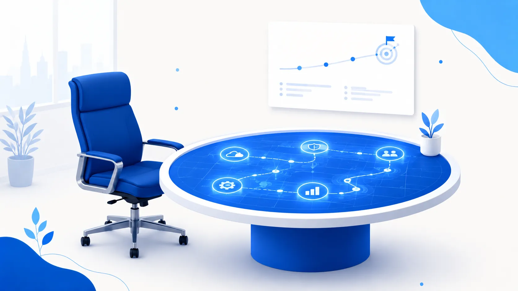 An empty leadership chair beside a strategy table showing a glowing technology roadmap