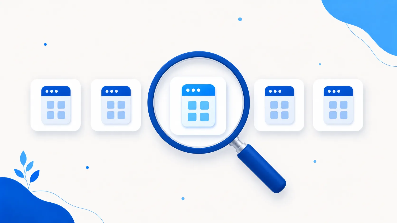 A magnifying glass inspecting a row of software tiles with one highlighted in bright blue