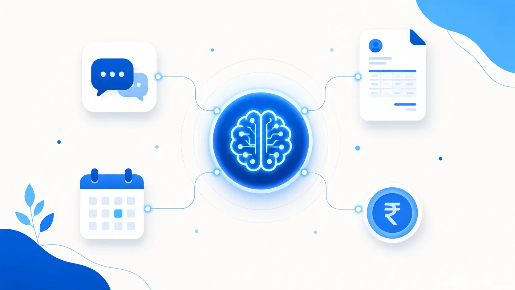 A central AI node connected to everyday business task icons — chat, invoice, calendar, and a rupee coin