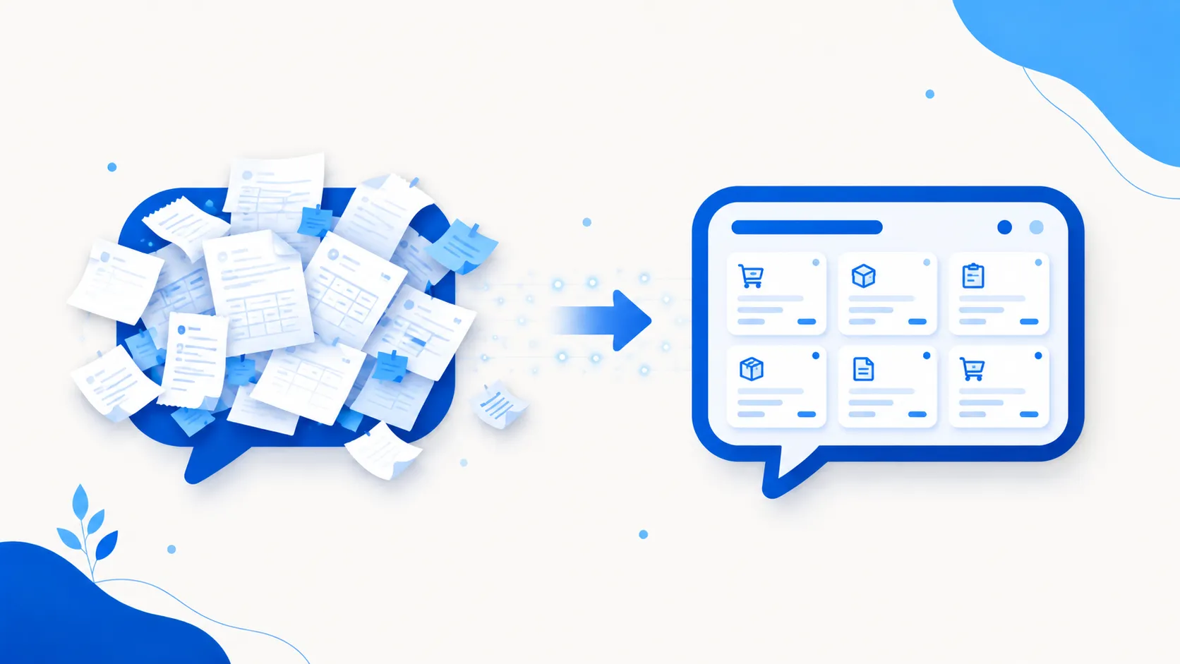 An overflowing chat bubble of scattered orders transforming into a neat organised dashboard