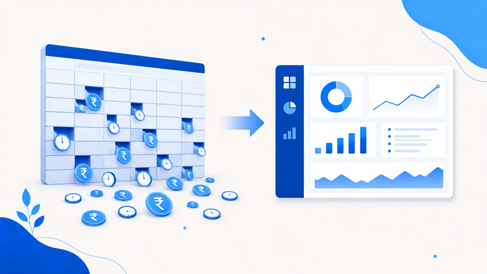 A large spreadsheet grid leaking clock and rupee-coin icons, resolving into one clean dashboard