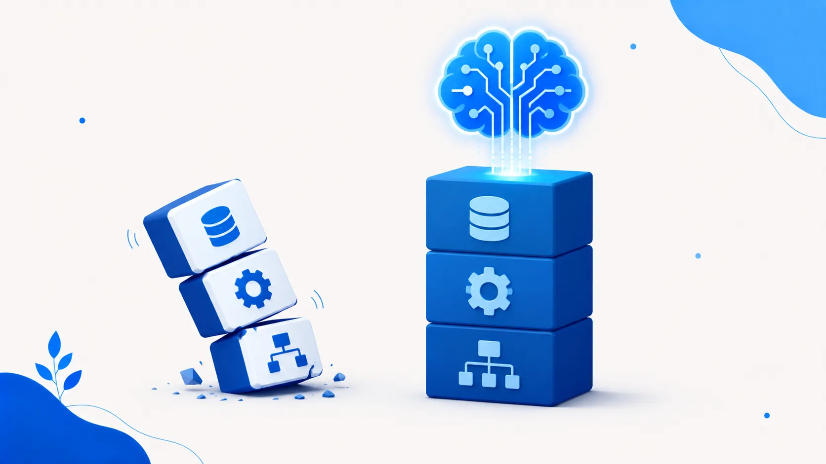 A glowing AI brain balanced on a solid stack of foundation blocks, with an unstable stack toppling beside it