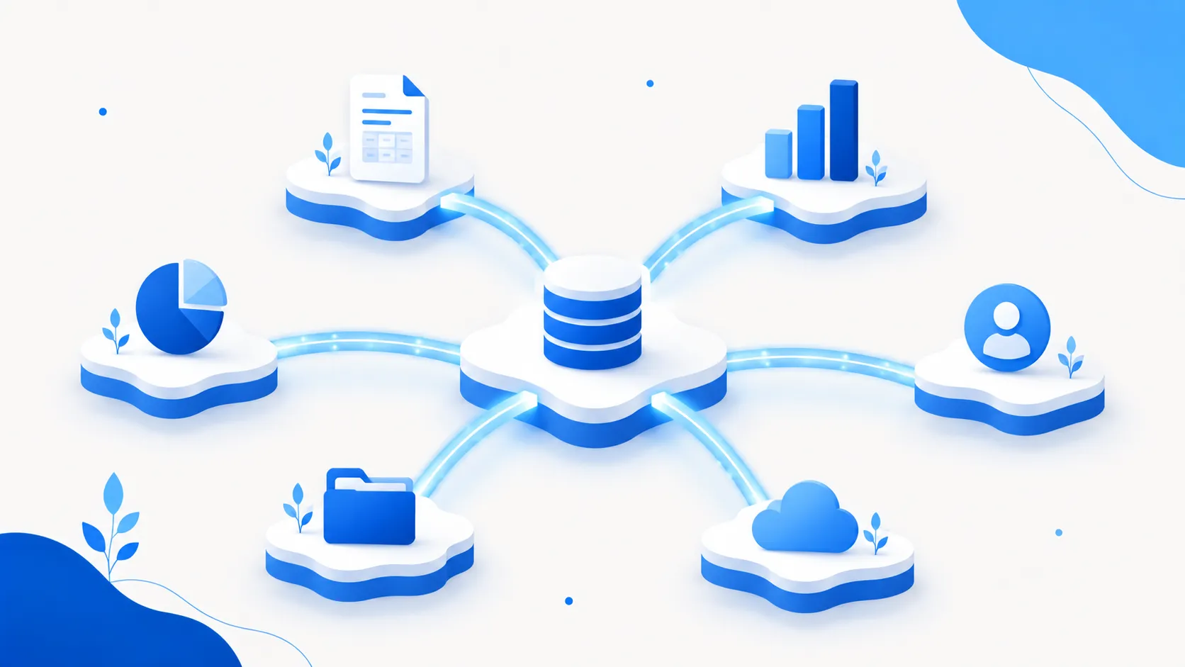 Separate data islands being linked by glowing bridges into one connected network
